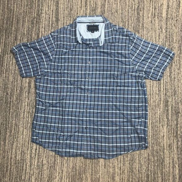 Geoffrey Beene Mens XL Button Front Shirt Blue Plaid Short Sleeve 100% Cotton - Picture 1 of 6
